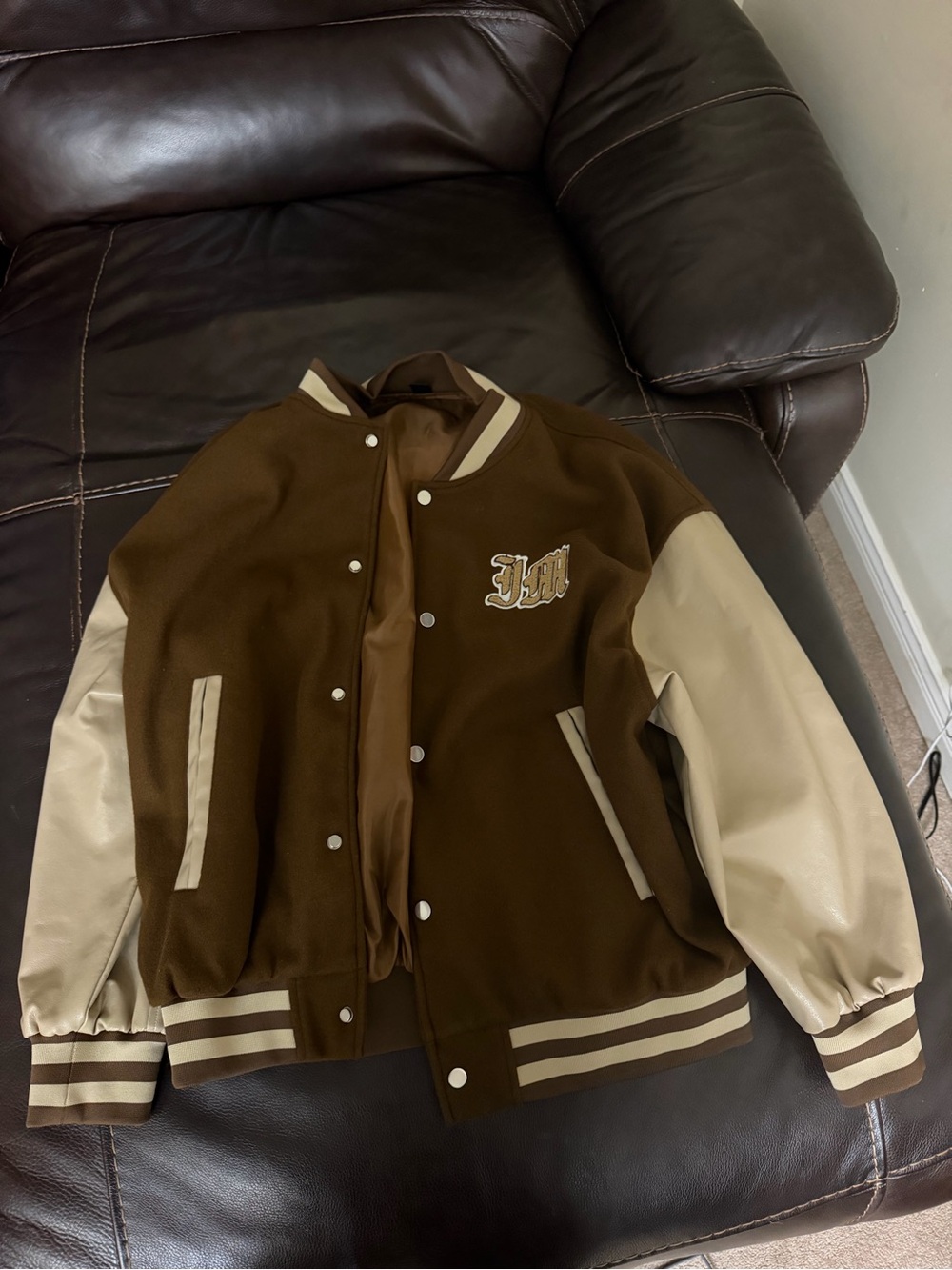 Brown and Cream Varsity Jacket with Contrast Sleeves